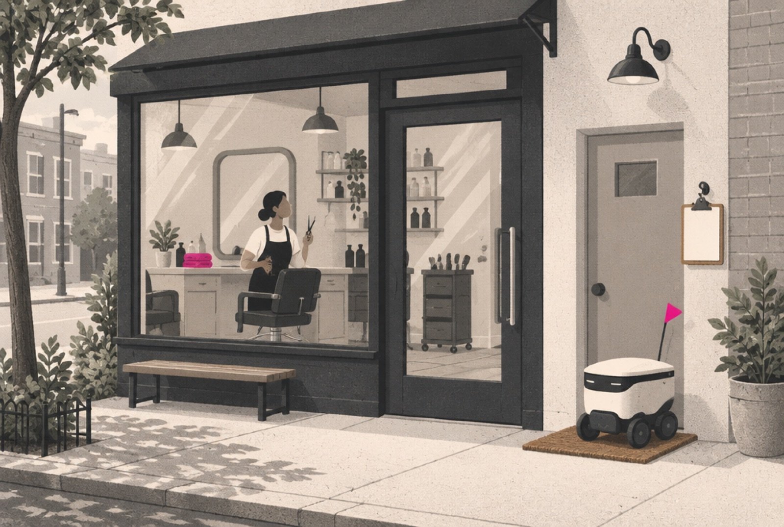 A small neighborhood salon where, beside the glass front door, the owner has added a low side door with a little welcome mat and a hook holding a clipboard, and a neat delivery robot waits on the mat while the stylist inside looks up from a chair