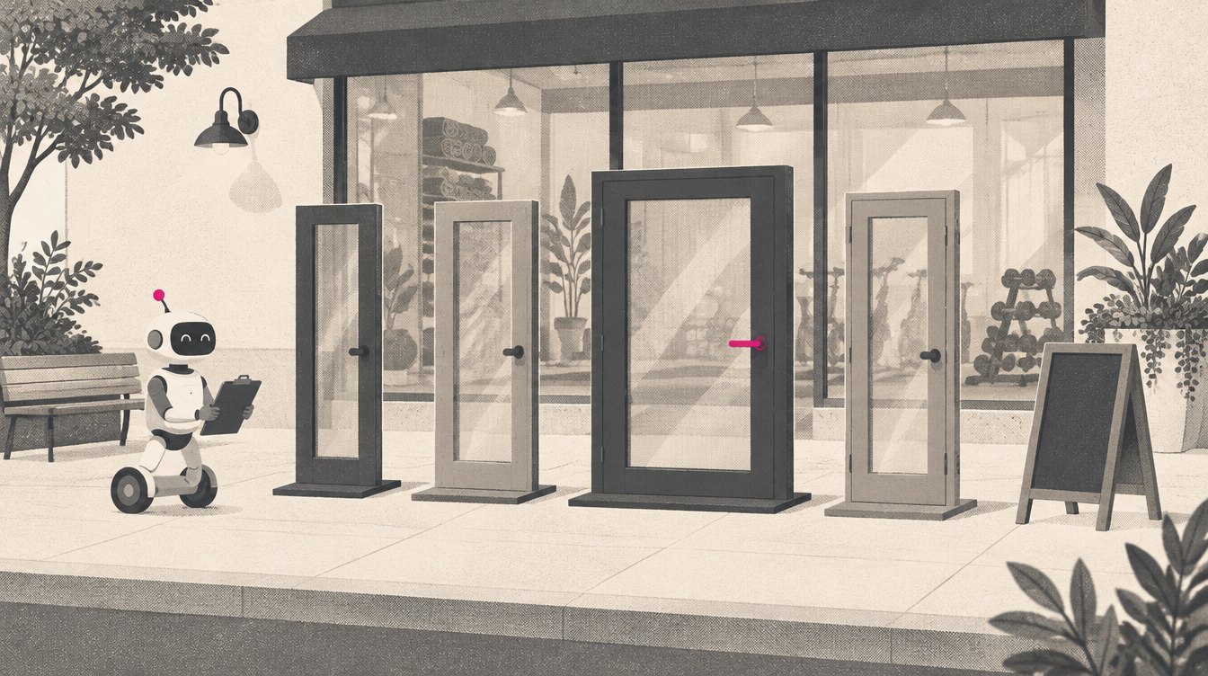 An illustrated small fitness studio front door with four door frames in a row in front of it, each a different width, one with a magenta handle, and a small robot courier carrying a clipboard toward them.