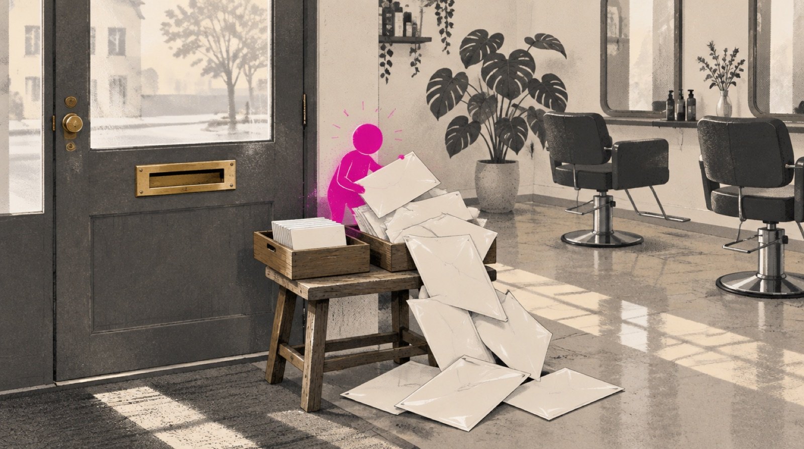 A small mail slot in a salon door where a tiny glowing helper sorts envelopes into two trays, one neat and short, one overflowing, before anyone has arrived