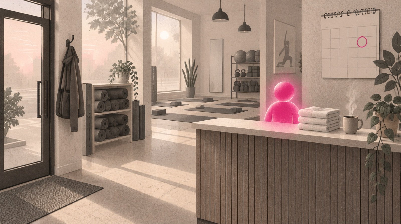 A quiet boutique studio at dawn where a small glowing helper figure sits on the front counter beside a stack of folded towels, a calendar and a coffee cup, waiting for its person to wake up