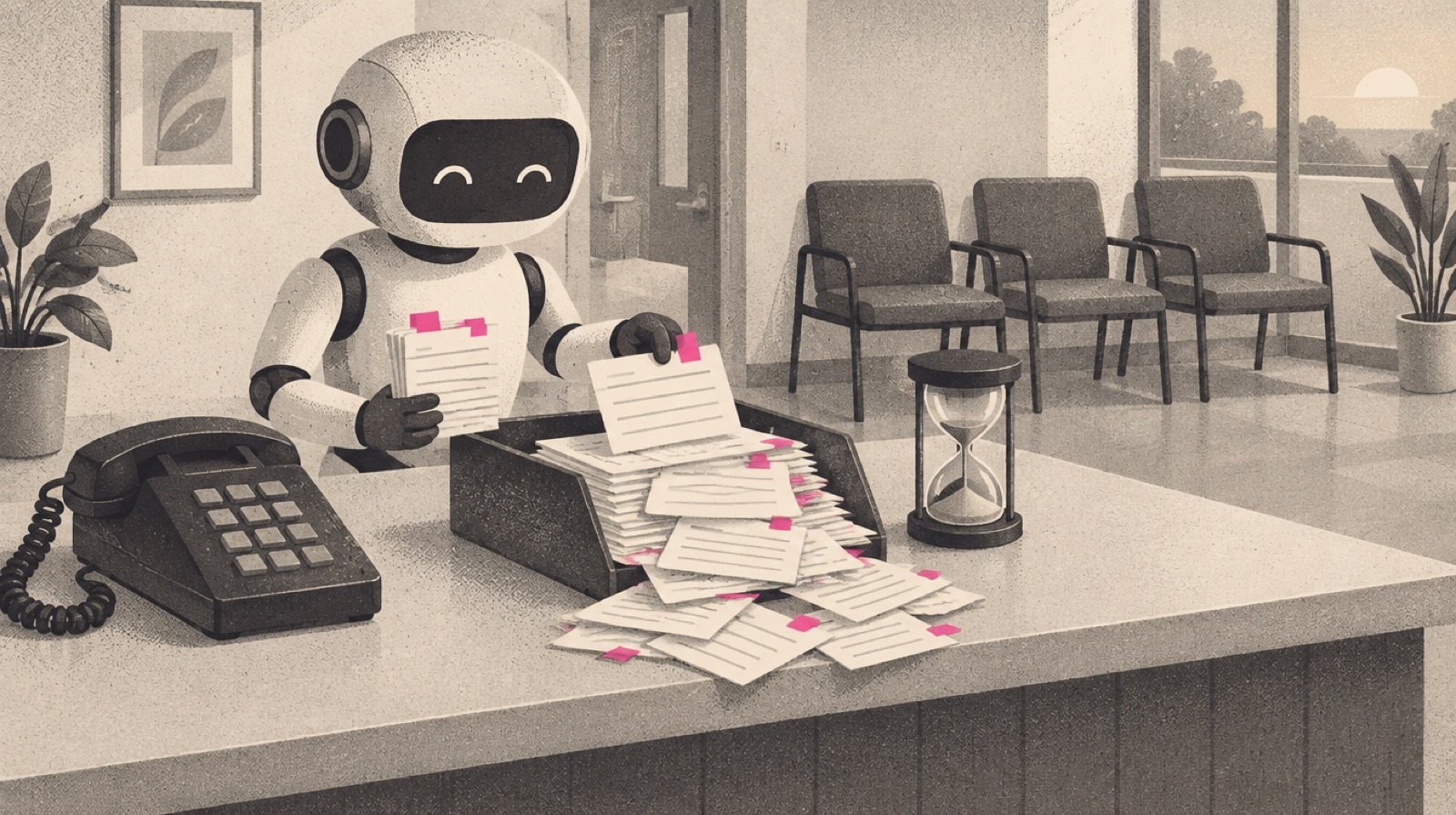 A front desk where a small robot drops a neat stack of filled-in cards into an inbox tray that is already overflowing, while the desk phone sits unanswered and an hourglass runs beside it
