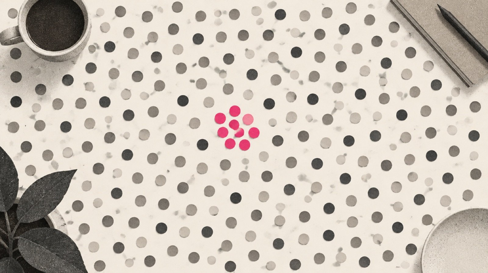 A wide field of small grey paper dots on an off-white table, with a few magenta dots gathered into a tight cluster near the center