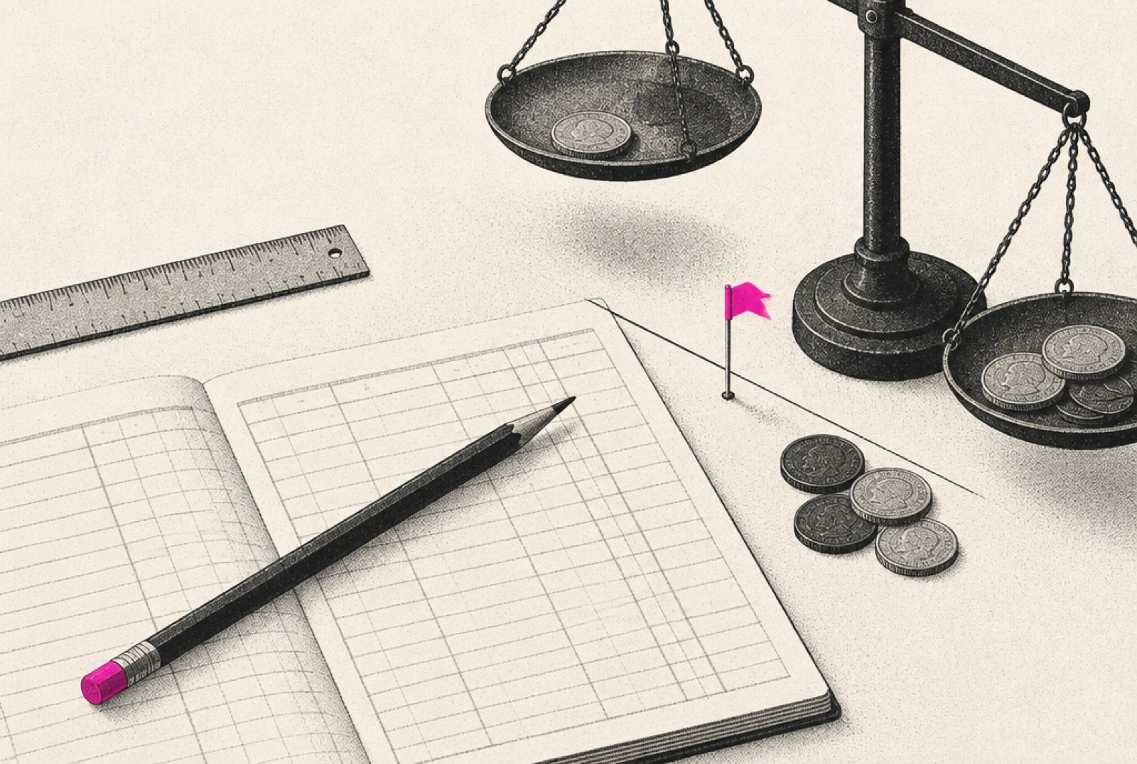 A shop counter with a balance scale, coins stacked on one pan and a paper receipt on the other, a magenta marker at the level point, with a ledger and a pencil beside it