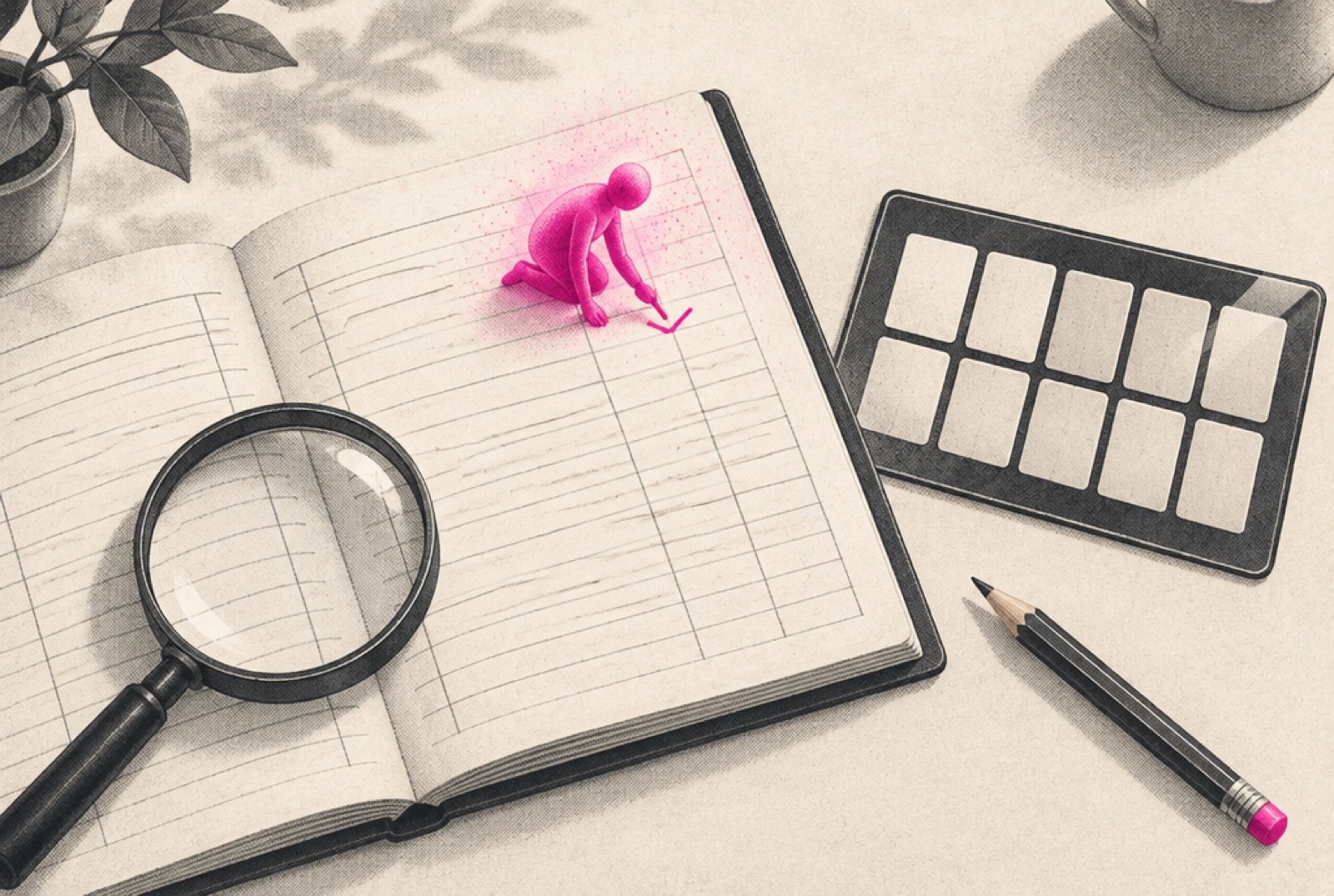 An agency desk with an open hand-kept ledger, a short pinned list of figures, a magnifying glass, and a small glowing magenta figure making one careful mark on the page beside a desk phone