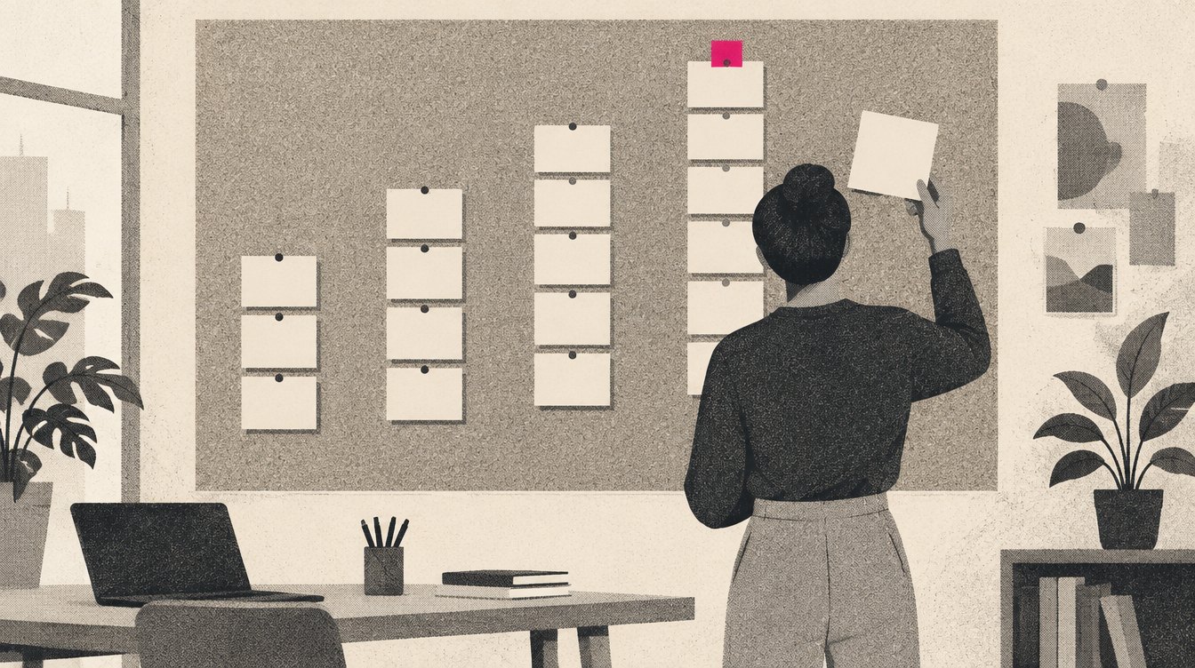A creative strategist at an agency desk holds a new ad card up against a wall of sorted ad cards grouped into tidy columns, with one column marked by a magenta tab
