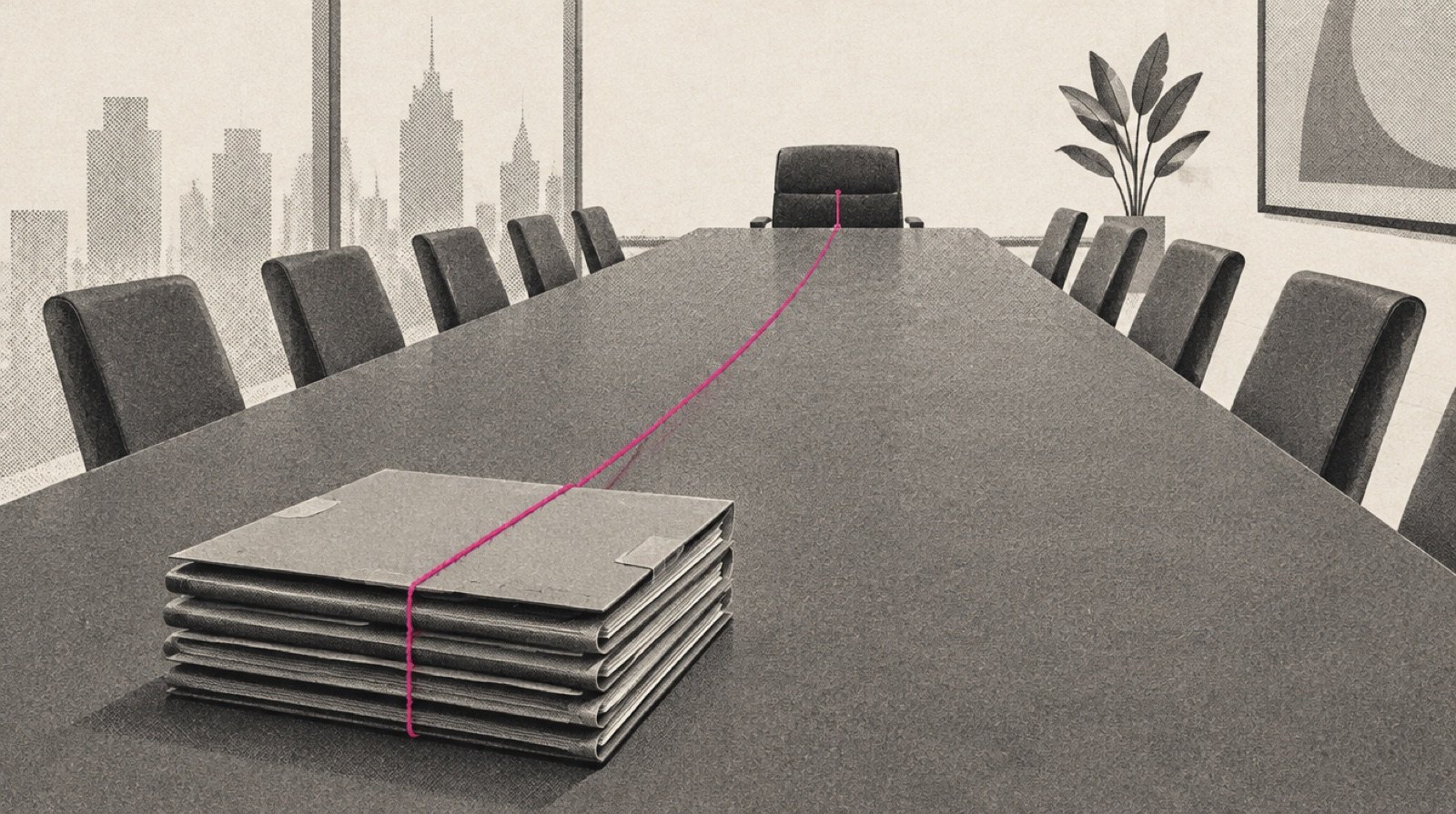 A long franchise boardroom table with a stack of campaign folders at one end and an empty chair at the far end, a thin magenta thread running between them