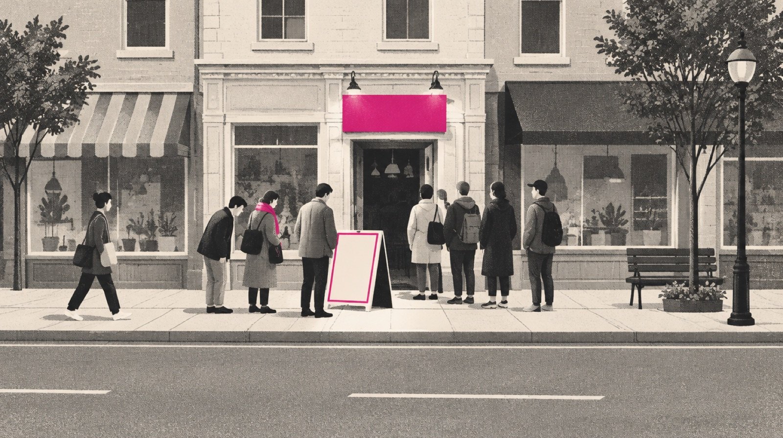 A small town main street where one shop door has a clear magenta address plate above it, while a sandwich board for a listings directory stands on the sidewalk in front of it