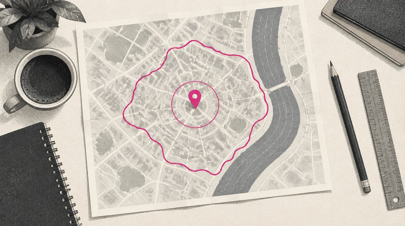 A paper map on a franchise owner's desk with a drawn circle around a pin, and a second, irregular shape following the roads, cut short where a river crosses the town