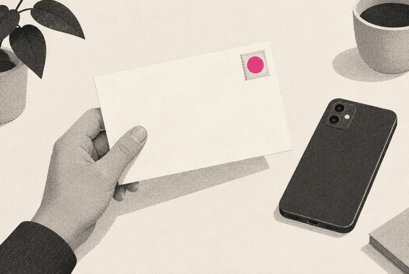 A hand holding a plain envelope with a magenta stamp next to a phone lying face down on a desk
