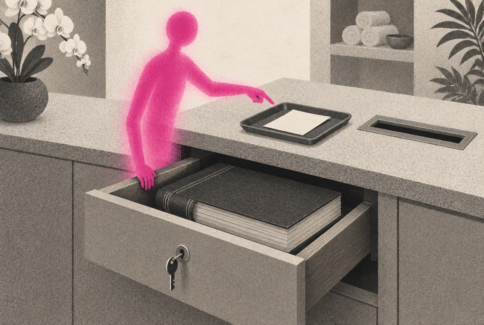 A salon back office with a thick ledger locked in a desk drawer and a thin open ledger beside a mail slot, while a small glowing magenta figure slides a single slip of paper out through the slot