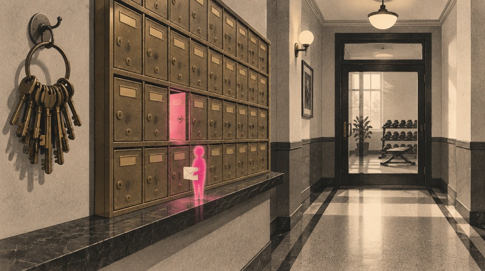 A long hallway of apartment mailboxes in a building that houses a small gym on the ground floor, where a building manager's ring of keys hangs beside the boxes and one box glows softly