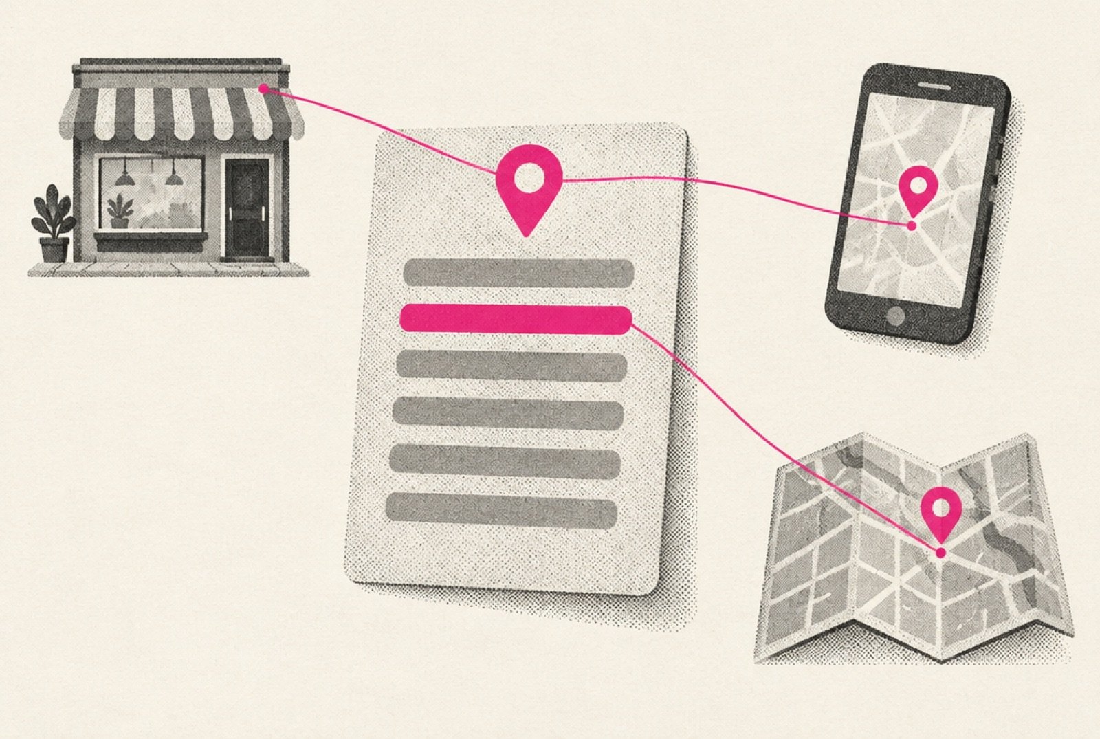 A single location card drawn on off-white paper with seven rows suggested by grey bars, one row highlighted in magenta, and thin threads running from the card to small icons of a storefront, a phone and a map