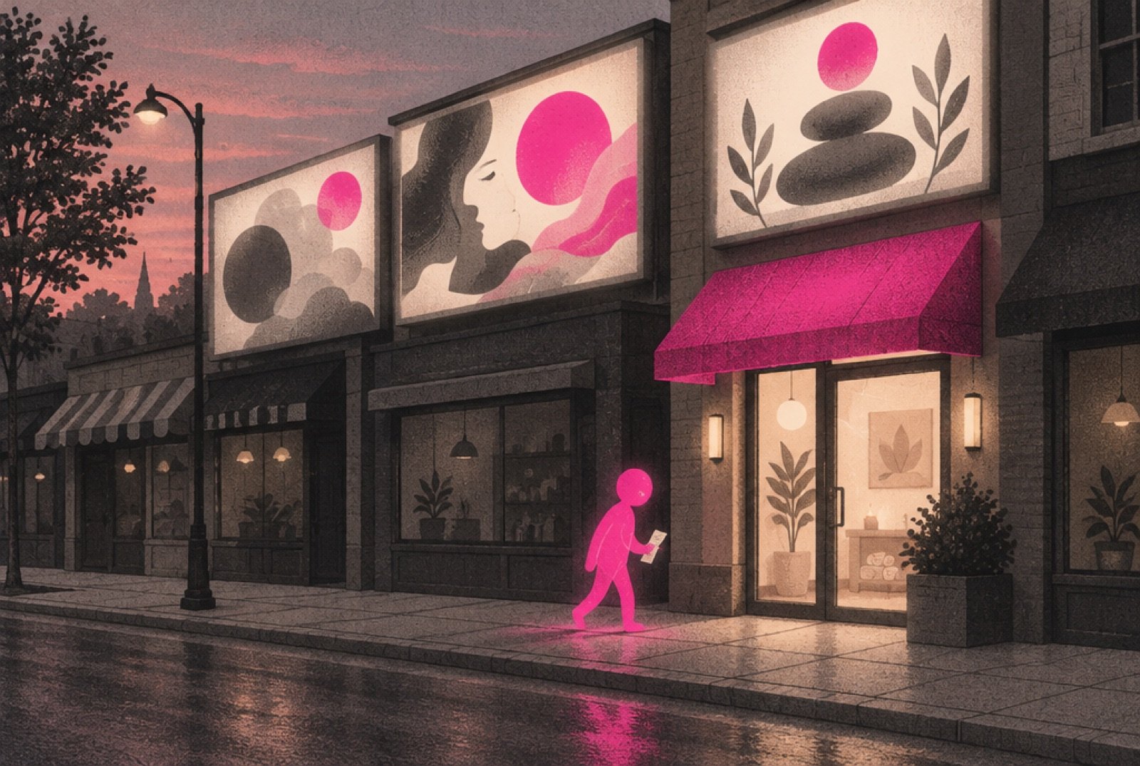 A small town street at dusk with glowing billboards above the storefronts, while below, a tiny glowing magenta helper figure walks past them all carrying a short paper list toward one lit spa doorway