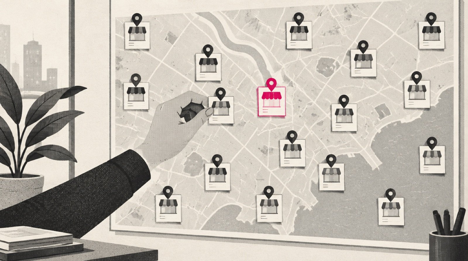 A wall map covered in small location pins, each pin holding a tiny storefront card, with one card highlighted in magenta while a hand straightens the others