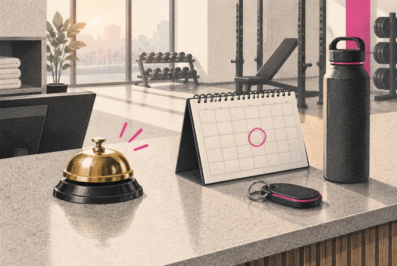 A gym front desk at dawn where a small brass service bell is ringing by itself beside an open paper calendar with one square ringed in magenta, while a member's key fob and water bottle sit waiting on the counter
